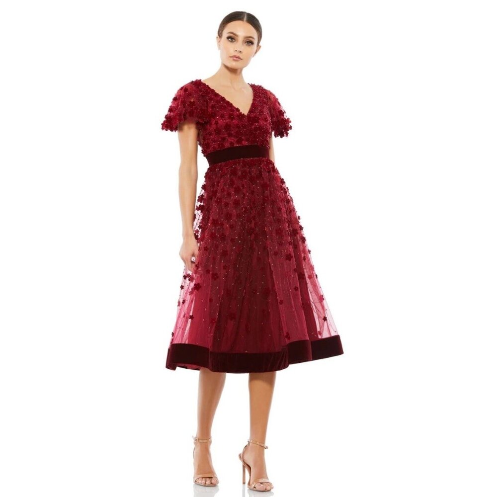 Mac Duggal Fit & Flare Velvet Embellished Floral Dress Burgundy Size 6 $498
